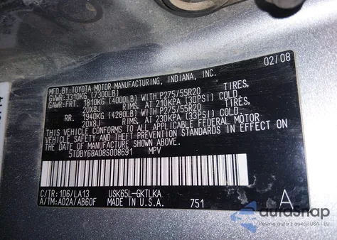 2008 Toyota Sequoia Limited 5.7L V8 from USA, damaged, VIN 5TDBY68A08S008691